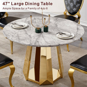 English Elm 47" Round Marble Dining Table - High Gloss Faux Marble Top & Gold Stainless Steel Base For Chic Spaces W3456S00037