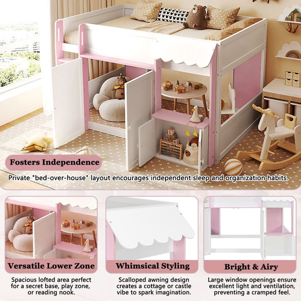 English Elm Twin House Loft Bed with Pull Out Rolling Desk Stair Drawers and Cabinet Storage N820S00074H
