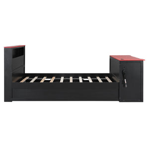 English Elm Full Size Wood Platform Daybed with Trundle Desk Rgb Led Lighting Gaming Bedroom Black+Red LT000284AAR