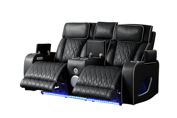 English Elm Fortuner Modern 3PC Upholstery Recliner Living Set with LED, Massage, Wireless Charging & Bluetooth Speakers Black B009S01802