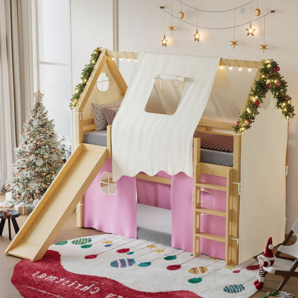 English Elm Twin Pine Loft Bed with House Frame Tent Led Lights Slide and Floor Space Below W1580S00289