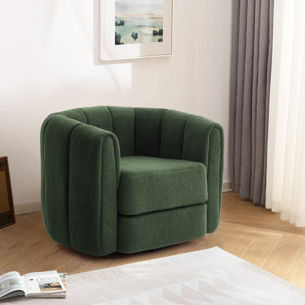 English Elm Swivel Teddy Fabric Barrel Chair with 360° Rotation, Solid Wood Base, Plush High-Density Comfort Green+Dark Green W2606P221608