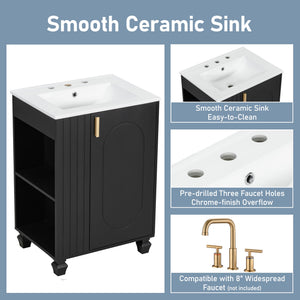 English Elm Christopher Knight Home® - 24" Retro Bathroom Vanity with Ceramic Sink, Solid Wood Frame, Soft-Close Door, Ample Storage Black N759P293645B