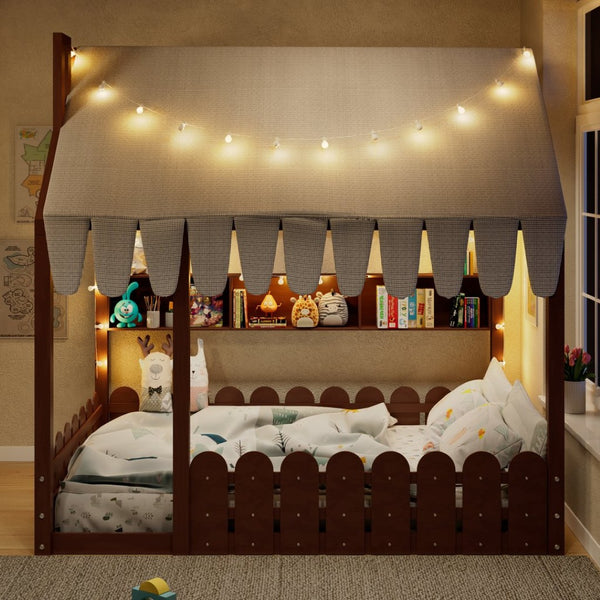 English Elm {slats Are Not Included} Twin Montessori House Floor Bed Kids Tent Lights Shelves Pinewood Frame Espresso N708P407963P