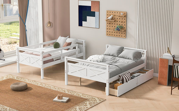 English Elm Twin Twin-over-Full Bunk Bed with Attached Ladder, Built-In Underbed Storage Drawers & Guardrail Safety Designed for Space-Saving Kids' Rooms White SM000119AAK-1