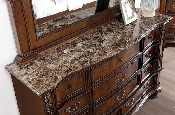 English Elm Brown Cherry Dresser with Genuine Marble Top Bronze Hardware Traditional Bedroom Storage B2741P448890