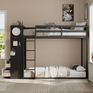 English Elm Twin Bunk Bed with Storage Drawers Hanging Rail Led Shelves and Pegboard Organizer Black LT000282AAB