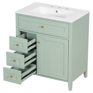 English Elm 30-Inch Contemporary Bathroom Vanity with Sink, MDF & Rubberwood, Glossy Finish, 3 Drawers + Cabinet Green N725P350819F
