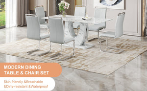 English Elm Table Modern Marble Dining Set - 71"X35.4" Tempered Glass With 6 Light Gray Pu Chairs & Silver Legs W1151S02120-GIGA