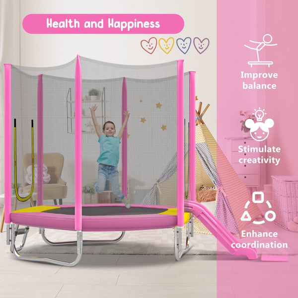 English Elm 7ft Hexagonal Kids Outdoor Trampoline with Enclosure Net Slide and Ladder Pink N739P272805P