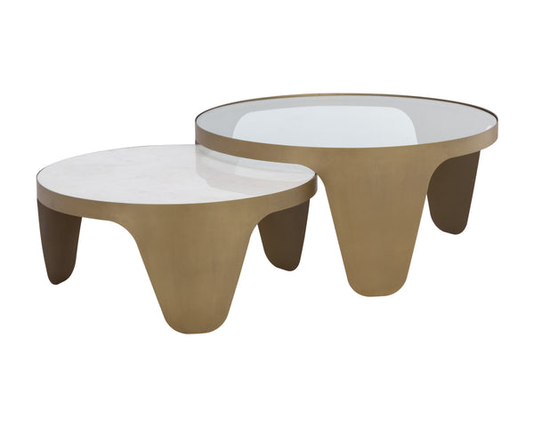 Sunpan Mysaria Nesting Coffee Tables Set of 2 - Sculptural Design with Antique Brass Base & Marble Top