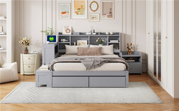 English Elm Full Size Wooden Platform Bed With Storage, Nightstand, Usb Desk, 2 Drawers - Stylish Gray Design N820S00029E