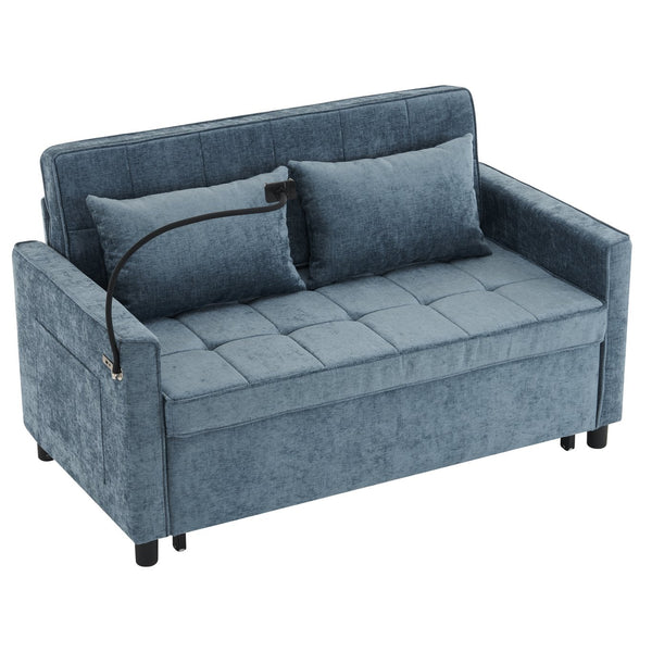 English Elm 56.9" Loveseat Sofa Bed with Chenille Upholstery, USB Ports, Phone Holder, Side Pockets, Reclining Backrest Blue N719P208853R