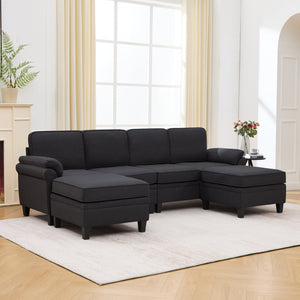English Elm 102 Inch Linen Modular Sectional Sofa with Hidden Storage and Cloud Cushion Comfort Black W1099S00211