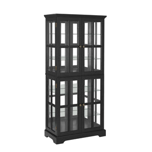 English Elm Curio Black Glass Cabinet with Cherry Finish, Adjustable Shelves, Vintage Lattice Doors & E26 Bulb Included W2275P300144