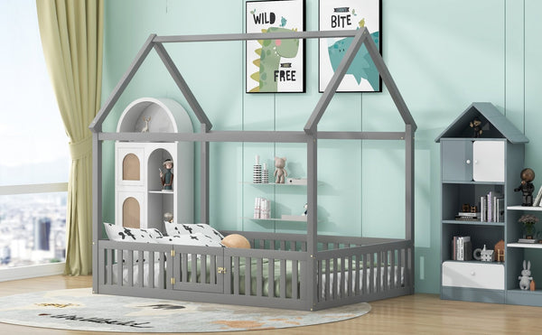 English Elm Full Size Pine House Bed with Pitched Roof Fence and Door for Kids Playroom WF531502AAE
