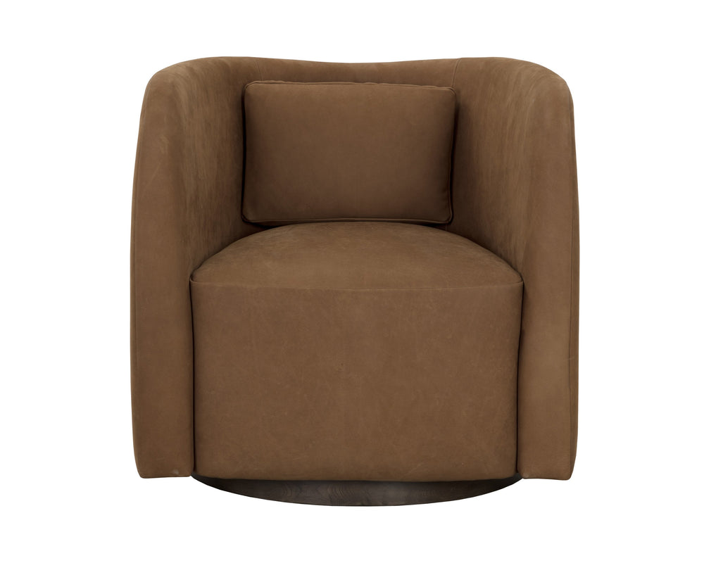 Sunpan Emilie Swivel Lounge Chair - Luxurious Nubuck Caramel Leather & Solid Oak Base for Ultimate Comfort