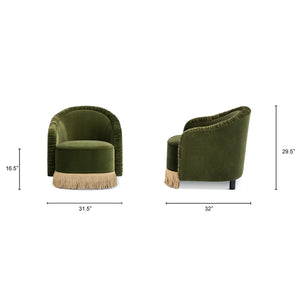 English Elm Jennifer Taylor Home - Serena Olive Green Performance Velvet Barrel Back Accent Chair with Ruched Texture & Bullion Fringe Elegance B2719P355285