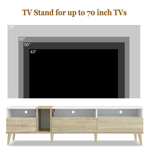English Elm Modern TV Stand with 3 Drawers & 4 Open Shelves, 80" Media Console White+Wood, Cable Management, P2 Board N710P234108K