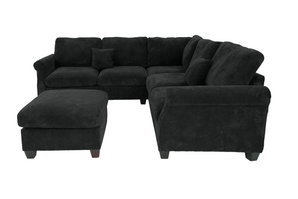 English Elm 4pc Corduroy Sectional Sofa Set with Ottoman Corner Wedge and Low-profile Modern Legs Black B011S02225