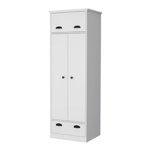 English Elm Linch White Armoire with Hinged Top Drawer, Double-Door Closet, Lower Glide Drawer — Space-Saving elegant storage B128S00123