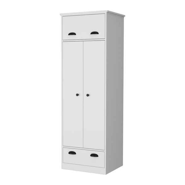 English Elm Linch White Armoire with Hinged Top Drawer, Double-Door Closet, Lower Glide Drawer — Space-Saving elegant storage B128S00123