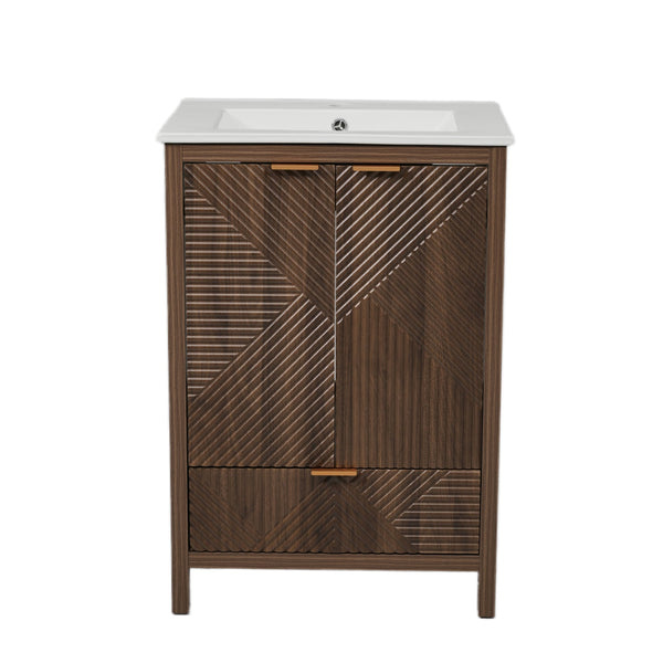 English Elm Christopher Knight Home® - 24 24-Inch Bathroom Vanity with Ceramic Sink, Textured Panels, Soft-Close Drawer & Large Storage Brown N817P339017B