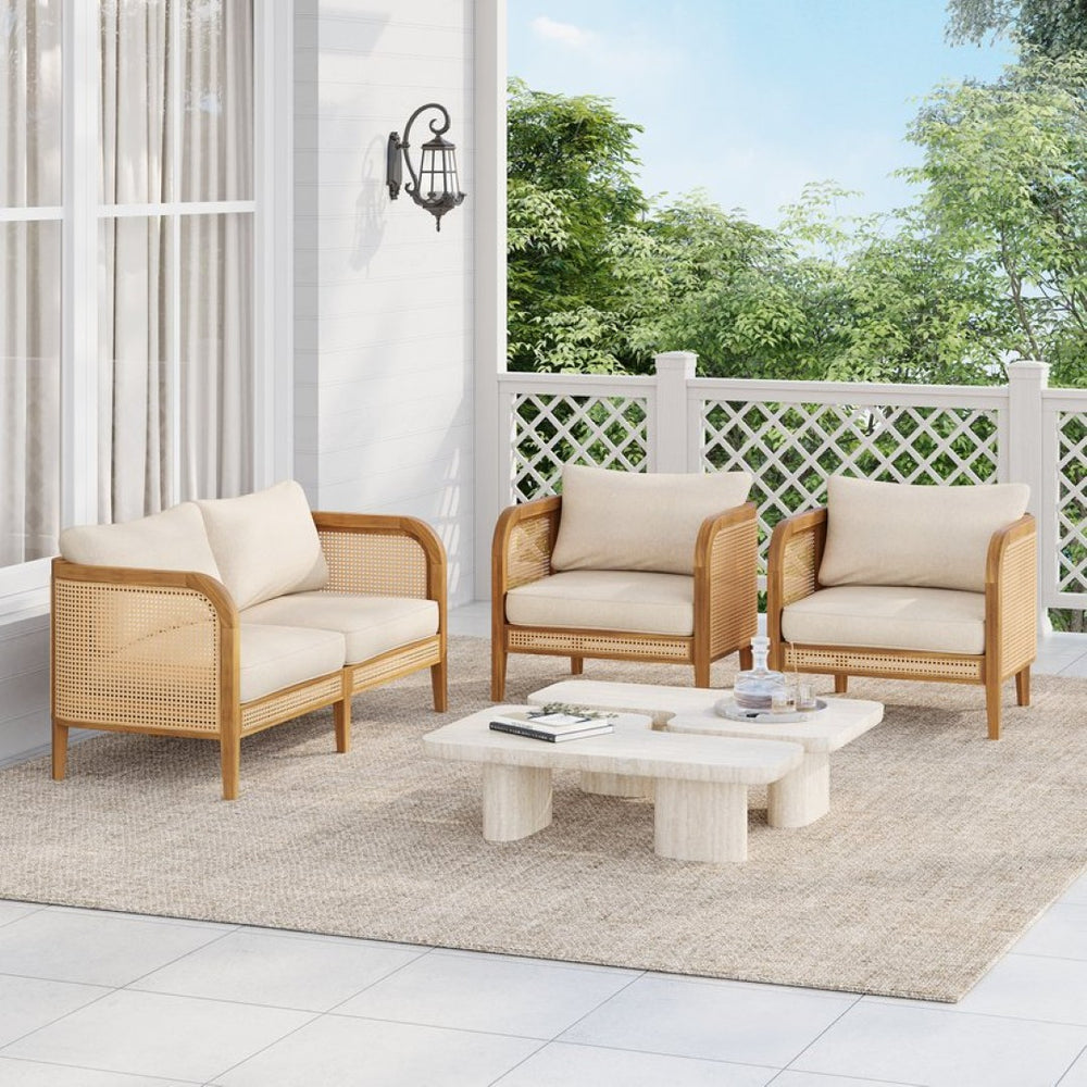 English Elm Kirkby Acacia Wood Rattan 3 Piece Outdoor Chat Set with Cushioned Club Chairs KIRKBY 3PCS CHAT SET