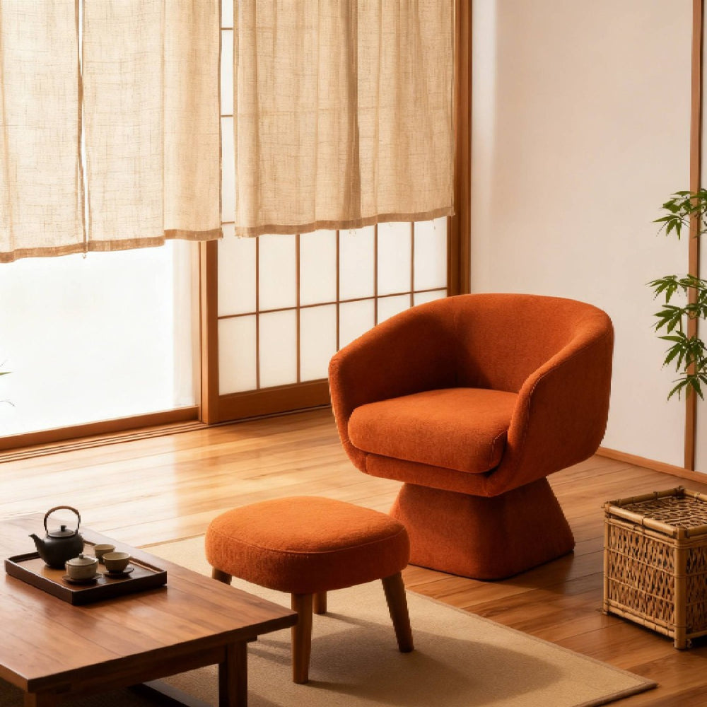 English Elm Lazy Swivel Barrel Chair and Ottoman Set Upholstered Modern Reading Nook Accent Orange W2085P381039