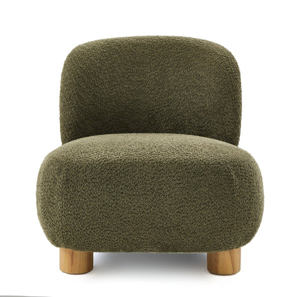 English Elm Boucle Rounded Accent Chair with Rubberwood Legs for Modern Minimalist Living Rooms Natural Wood,Olive Green N776P423410G