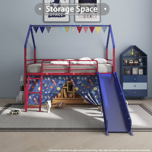 English Elm Jack Metal Junior Loft Bed With Slide & Curtain Set – Superhero Red & Blue Design For Fun Playtime! B083P354665