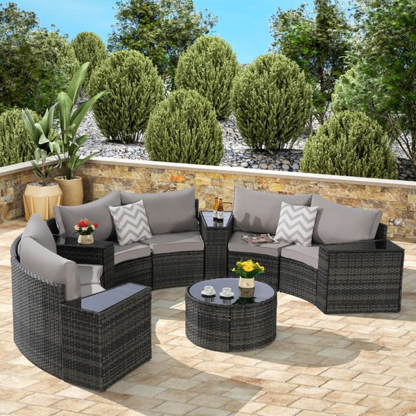English Elm Outdoor Half Moon Sectional Sofa Set with Woven Rattan Frame and Tempered Glass Table Light Gray W874S00046