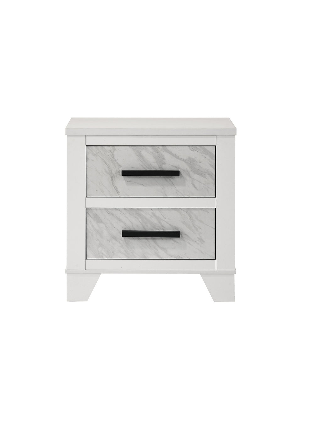 English Elm White Contemporary Nightstand with Faux Marble Inset, Black Bar Pulls, Metal Glide, 23"W x15"D x24"H B2741P406264