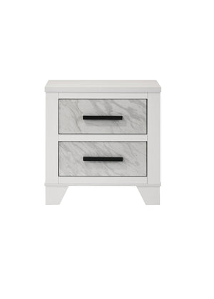 English Elm White Contemporary Nightstand with Faux Marble Inset, Black Bar Pulls, Metal Glide, 23"W x15"D x24"H B2741P406264