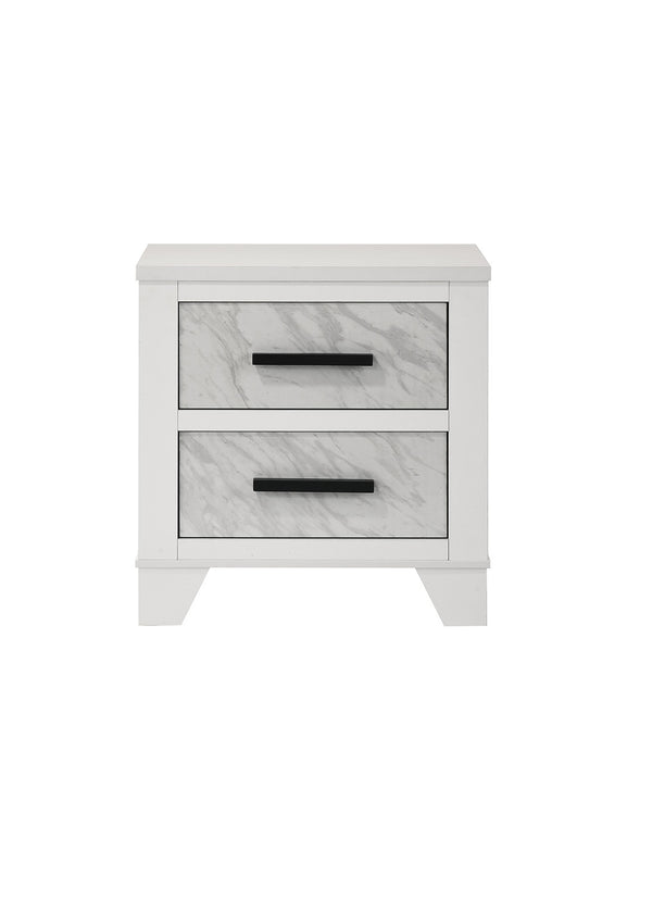 English Elm White Contemporary Nightstand with Faux Marble Inset, Black Bar Pulls, Metal Glide, 23"W x15"D x24"H B2741P406264