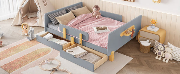 English Elm Twin Low Profile Kids Floor Bed Pine Wood Frame with Safety Rail and Built in Bookshelf Gray W1580P373246