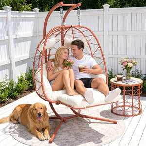 English Elm 2 Person Wicker Hanging Egg Chair with Stand Cushioned Swing for Patio Garden T5880P500224