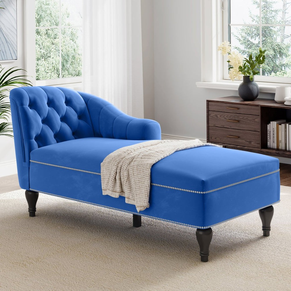 English Elm 58'' Velvet Chaise Lounge Tufted Right Arm Sleeper with Nailhead Trim Turned Wood Legs N723P431292C