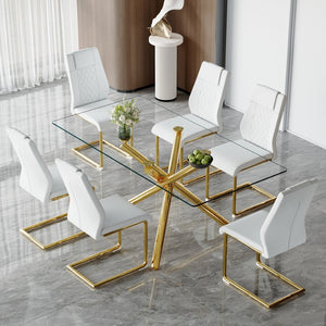 English Elm Table Modern Luxurious 6-Piece Dining Set With Transparent Glass Top, Gold Accents & White Chairs W1151S02587-GIGA