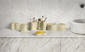 English Elm Glod Natural Marble Bathroom Accessories Set — 6-Piece Genuine Stone Vanity Organizers, Elegant Durable Decor Beige+Gold W1696P262944