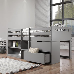 English Elm Fabiana Gray Twin Loft Bed with Storage Drawers & Open Shelves, Ladder, Slat System Included B2726S00219