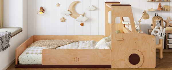 English Elm Full Size Car Shaped Kids Platform Bed with Storage Drawers Integrated Desk Pine Wood Natural W1580S00489