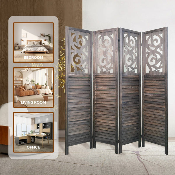 English Elm 4 Panel Carved Poplar Wood Folding Privacy Screen 6 Ft Artisan Cutout Room Divider W2701P189916
