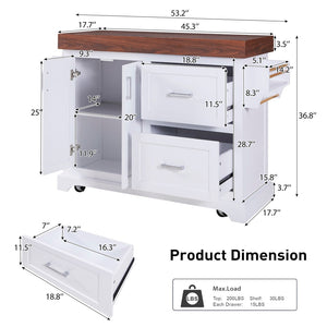 English Elm K&k Rolling Kitchen Island with Walnut Grain Countertop Drawers and Spice Rack White N707S000025W
