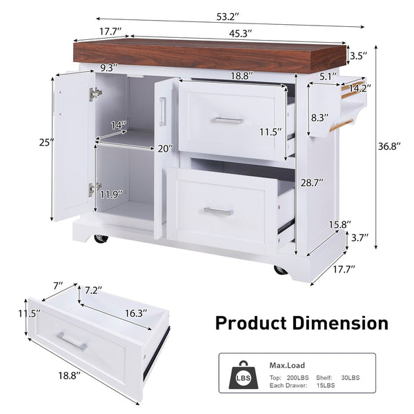 English Elm K&k Rolling Kitchen Island with Walnut Grain Countertop Drawers and Spice Rack White N707S000025W