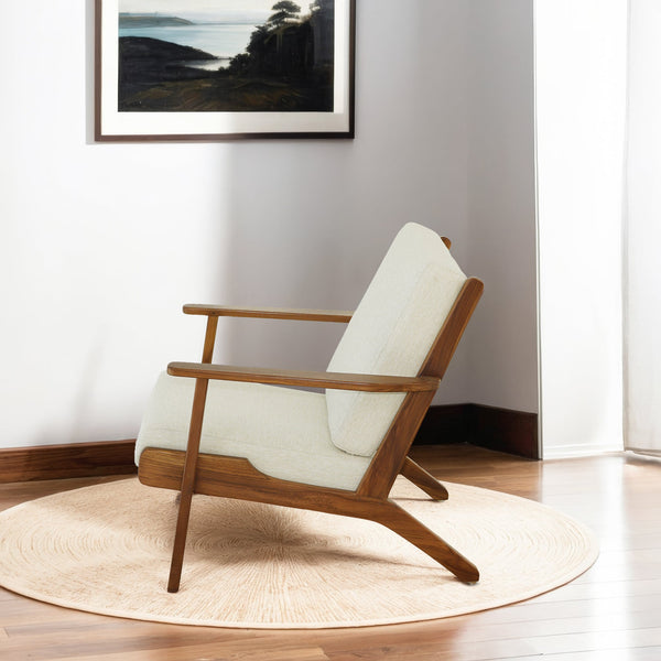 English Elm Ashcroft Furniture - Connor Solid Wood Linen Lounge Chair with Ergonomic Angled Back, High-Density Foam, Mid-Century Appeal Cream B183P281185