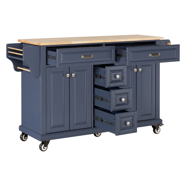 English Elm Kitchen Island durable rubberwood countertop kitchen cart on casters with towel rack, spice shelf, 5 drawers and adjustable shelving for organized meal prep and mobility Blue W914S00005