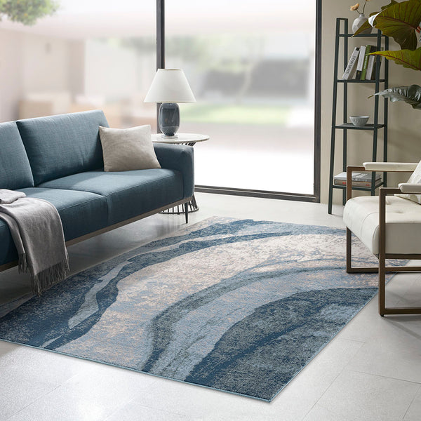 JLA Home Madison Park - Abstract Wave Area Rug with Soft Medium Pile, Blue Flowing Design, Non-Slip Backing for Everyday Elegance 84 L x 63 W x 0.5H MP35-7562