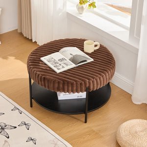 English Elm 30.9"Wide Faux Fur Ottoman with Open Wooden Shelf and Black Metal Legs — Plush Round Coffee Table Seat Brown W3098P296973