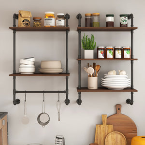 English Elm Industrial Pipe Shelf 3-Tier Wall Mounted Rustic Wood Display with 8 Open Shelves & 3 Hooks — Farmhouse Decor, Kitchen, Bedroom Storage (28.35x15.35x11.22) W331P279737
